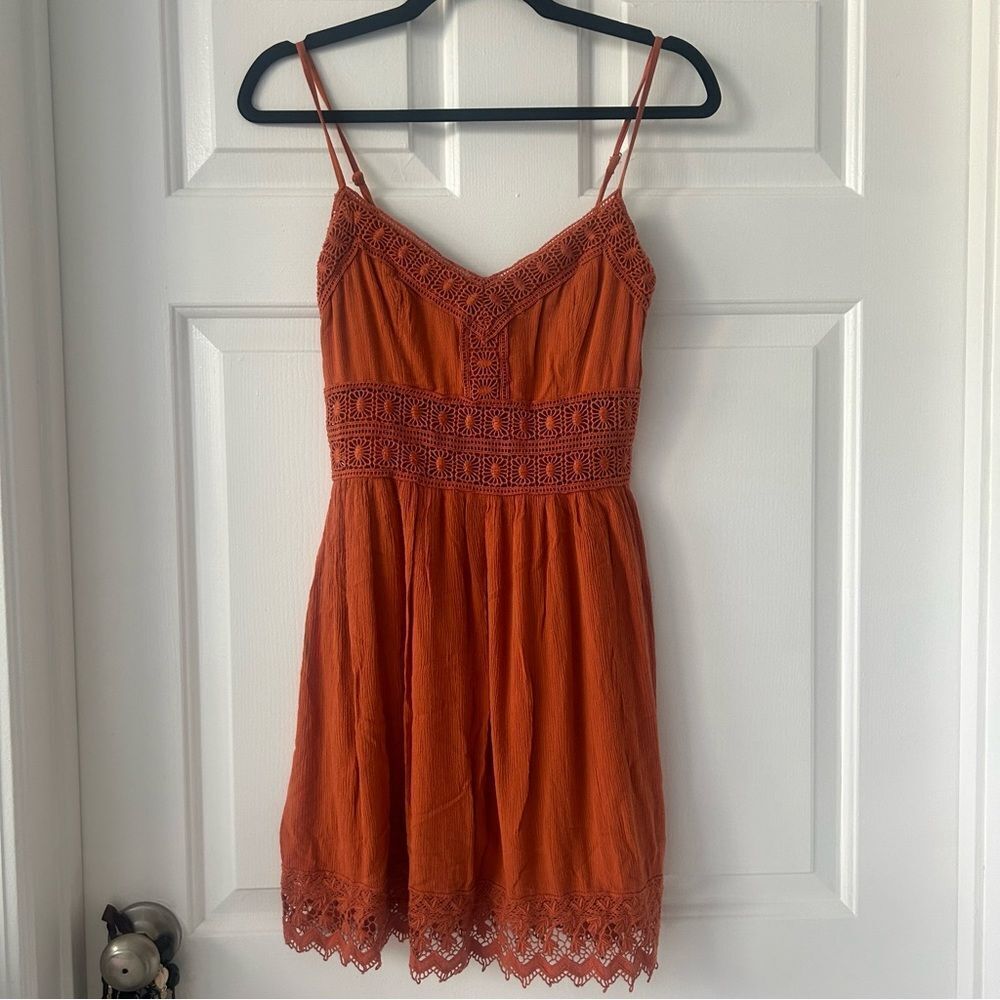 Burnt Orange Abercrombie & Fitch Mini Dress with Lace Macrame Accents